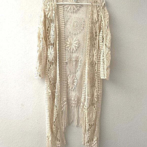 CATO FLORAL CROCHET LACE FRINGE BOHO OPEN FRONT CARDIGAN - Picture 2 of 16
